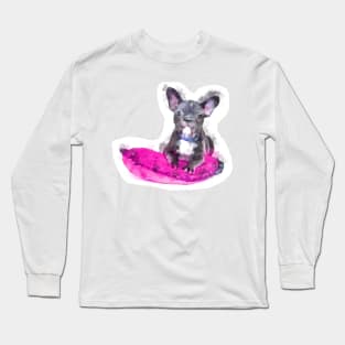 Cute Black And White Bulldog Puppy On A Pink Cusion Digital Portrait Long Sleeve T-Shirt